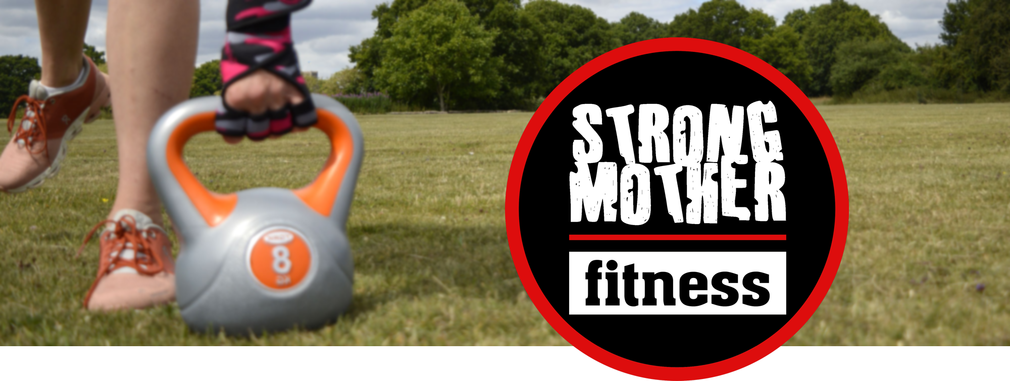 woman in field lifting kettlebell and Strong Mother Fitness logo