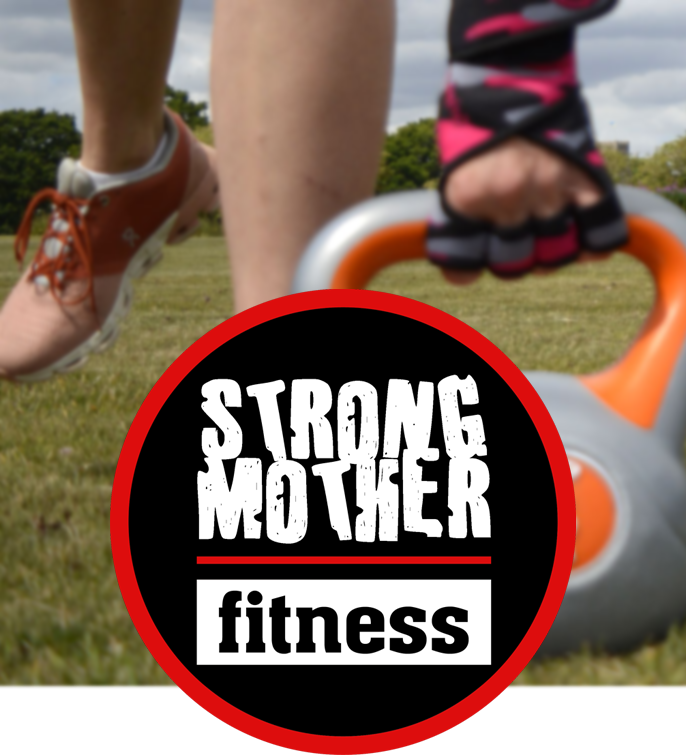 woman in field lifting kettlebell and Strong Mother Fitness logo